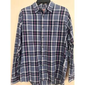 Wrangler Mens Medium Blue Plaid Button Down Shirt 100% Cotton